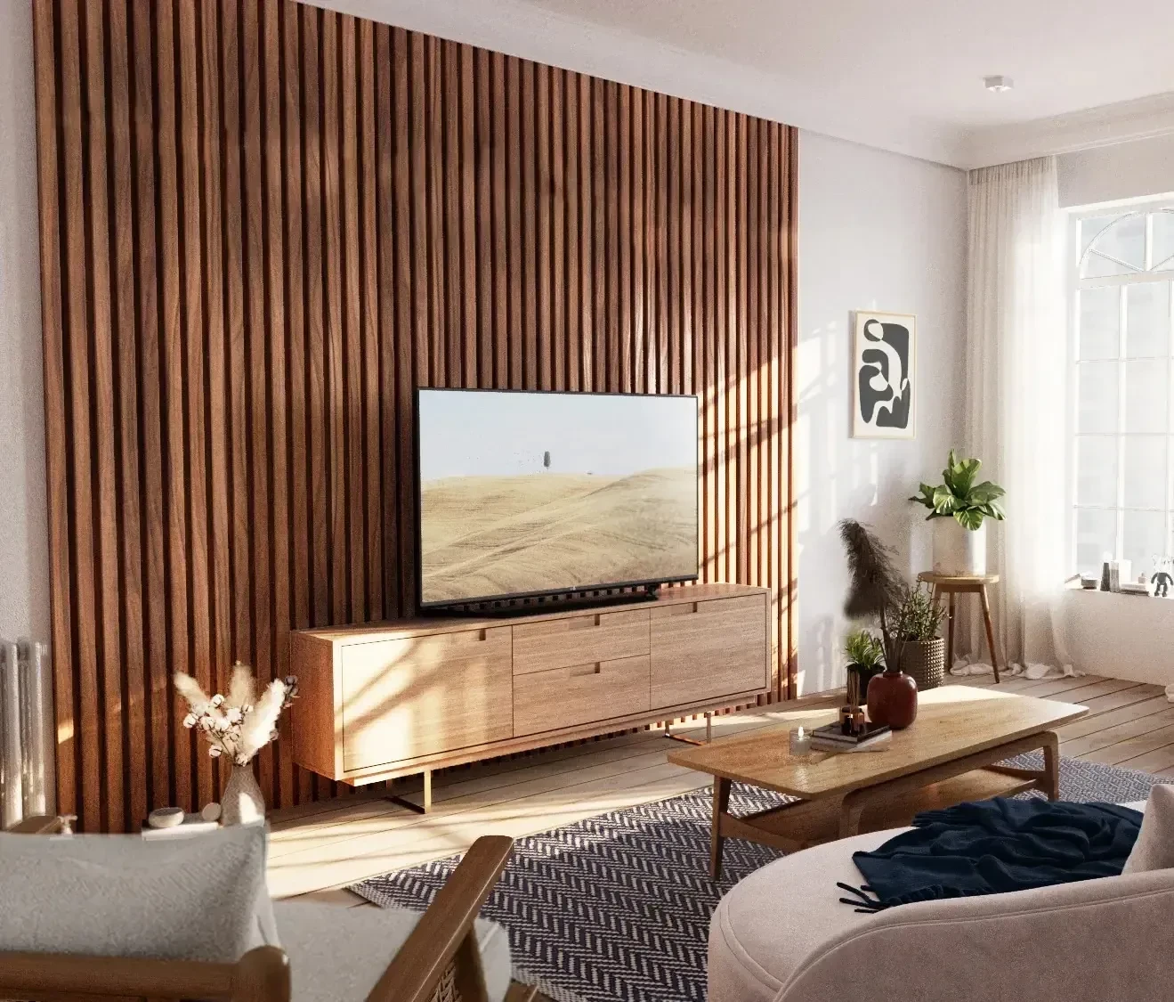 midcentury-modern-living-room-with-wood-slat-tv-accent-wall-sunnyjpeg.webp